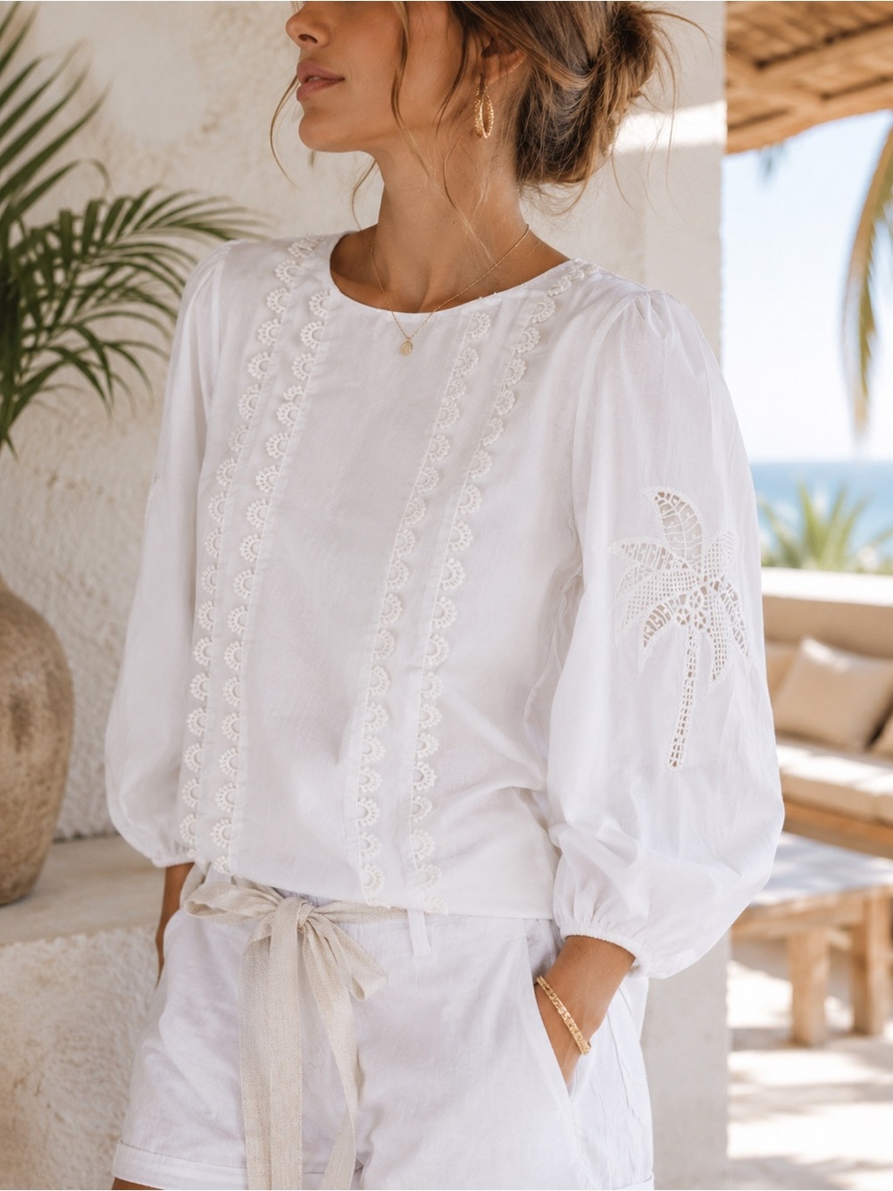 Farm Rio for Anthropologie White Palm Embroidered Puff Sleeve Top S